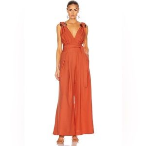 PATBO Buckled Deep-V Jumpsuit Pleated Wide Leg Orange Tortoise Shell Playsuit